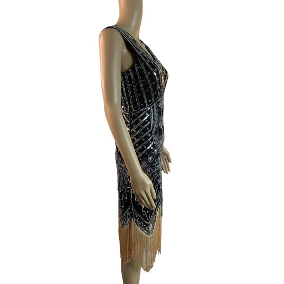 Sequin Dress 1920s Vintage Fringed Cocktail Flapper Dress Asymmetrical Hem Sz S - Picture 7 of 9